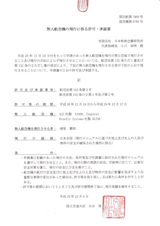 取得済み許可 人口集中地区（都心部・繁華街等） 人又は物件から３０ｍ未満に接近した飛行 夜間飛行 国空航第7468号 国空機第6786号